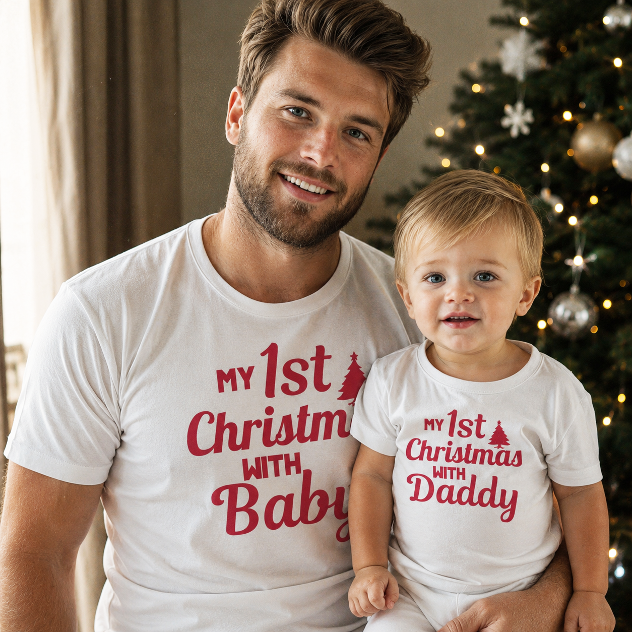 1st Christmas with Daddy - Family Matching Christmas Tops - Adult, Kids & Baby - (Sold Separately)