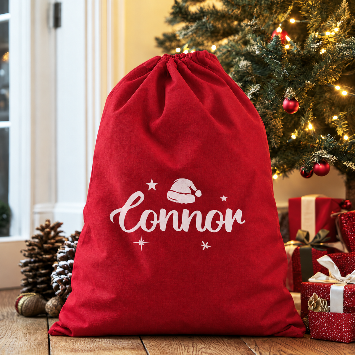Personalised Name, Stars & Santa Hat - Christmas Santa Sack