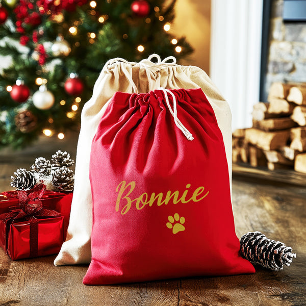 Personalisierter Name &amp; Pfote in Gold - Weihnachtsmannsack