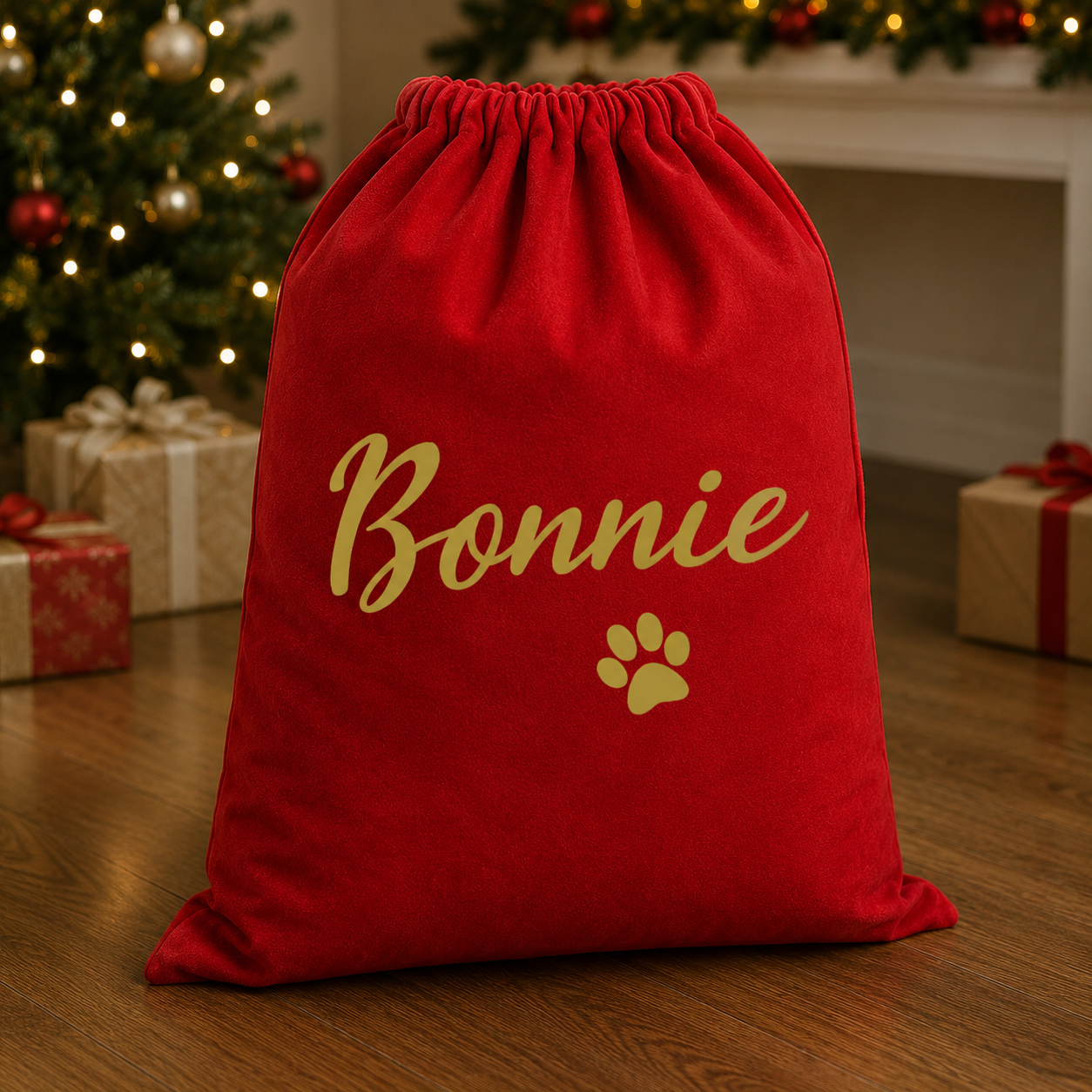 Personalisierter Name &amp; Pfote in Gold - Weihnachtsmannsack