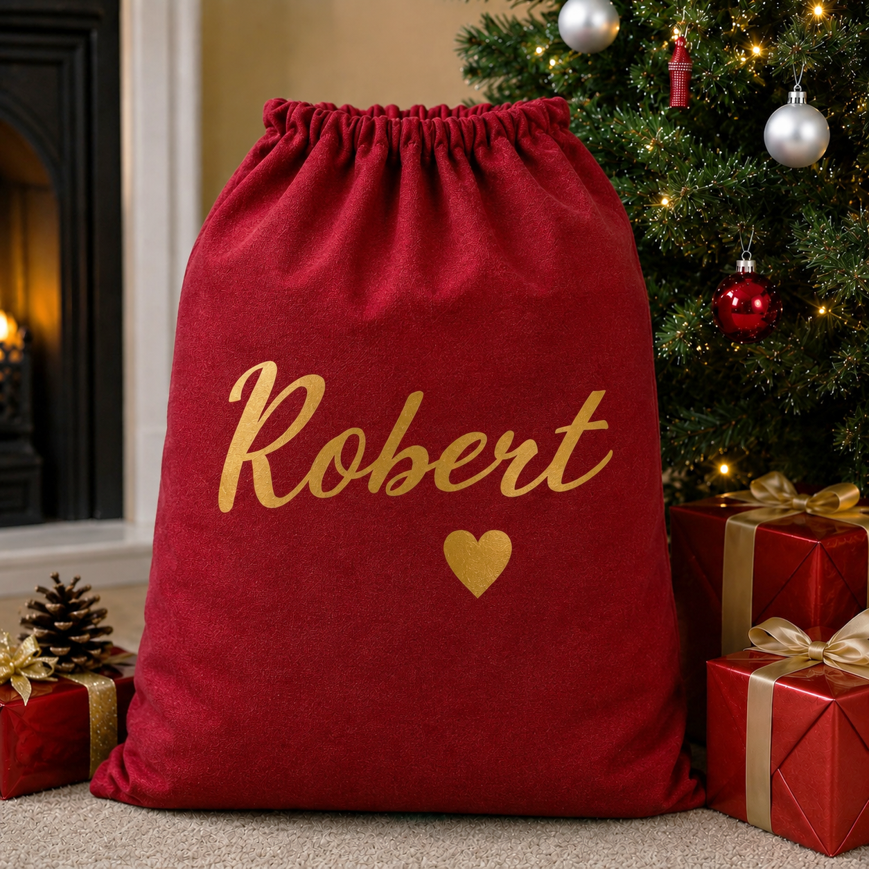 Personalised Name & Heart in Gold - Christmas Santa Sack