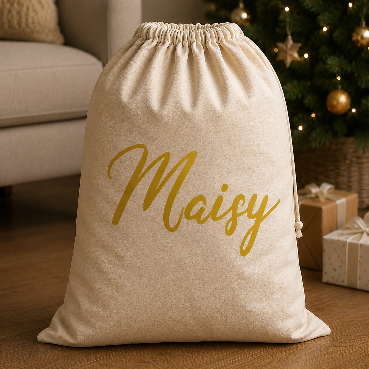 Personalised Name Scripted in Gold - Christmas Santa Sack