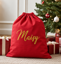 Personalised Name Scripted in Gold - Christmas Santa Sack