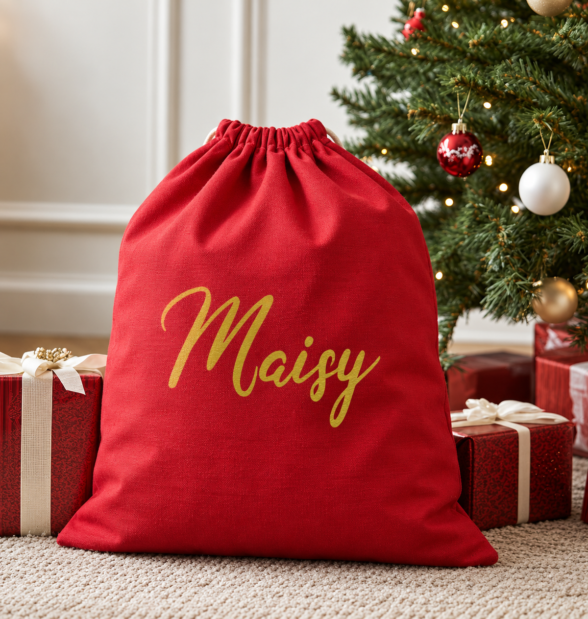 Personalised Name Scripted in Gold - Christmas Santa Sack