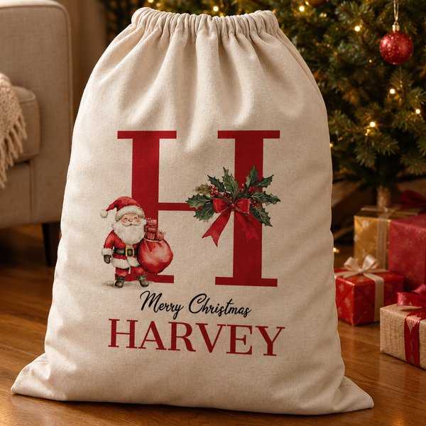 Personalised Merry Christmas Initial and Name - Christmas Santa Sack