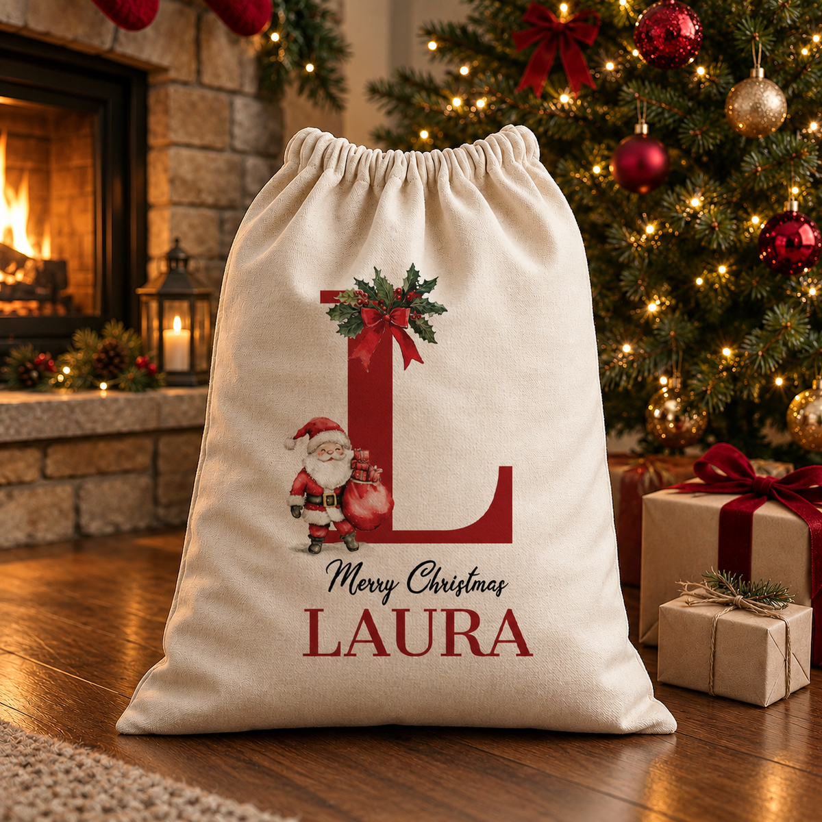 Personalised Merry Christmas Initial and Name - Christmas Santa Sack