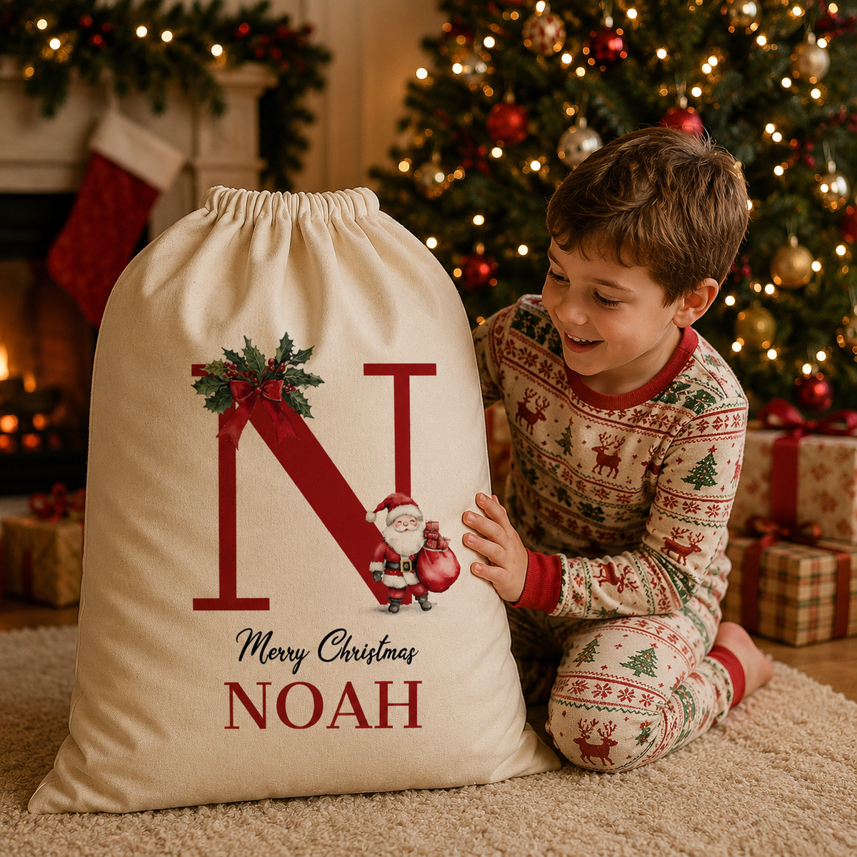 Personalised Merry Christmas Initial and Name - Christmas Santa Sack