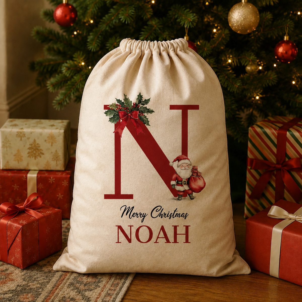 Personalised Merry Christmas Initial and Name - Christmas Santa Sack