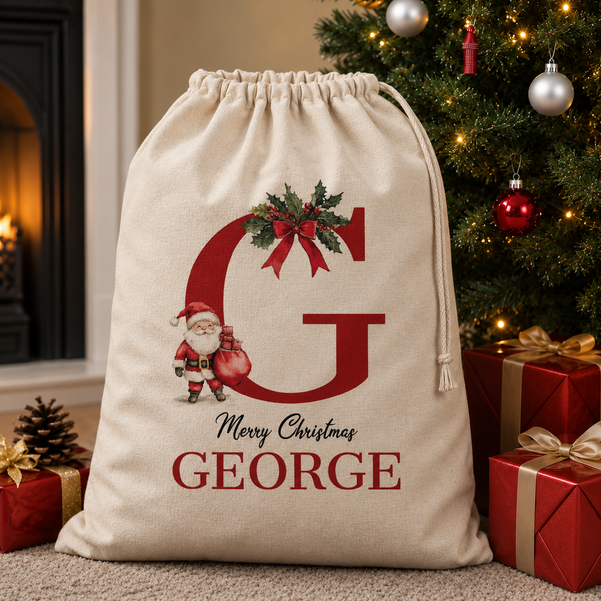 Personalised Merry Christmas Initial and Name - Christmas Santa Sack