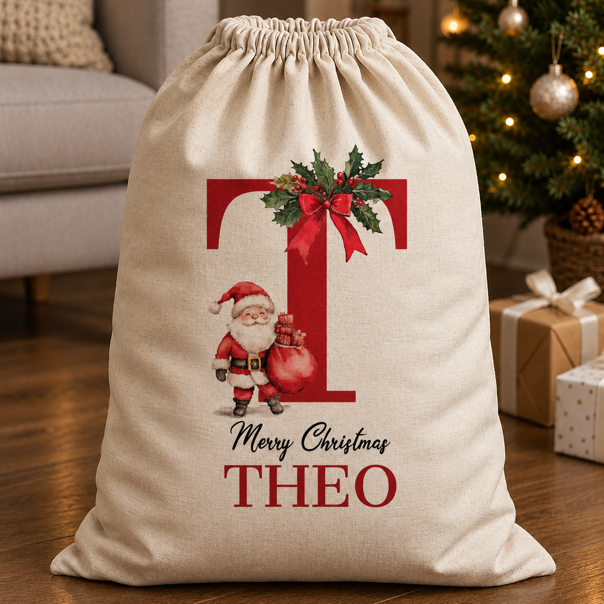 Personalised Merry Christmas Initial and Name - Christmas Santa Sack
