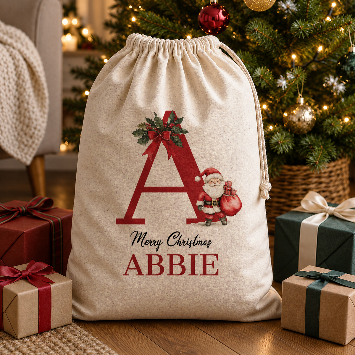 Personalised Merry Christmas Initial and Name - Christmas Santa Sack