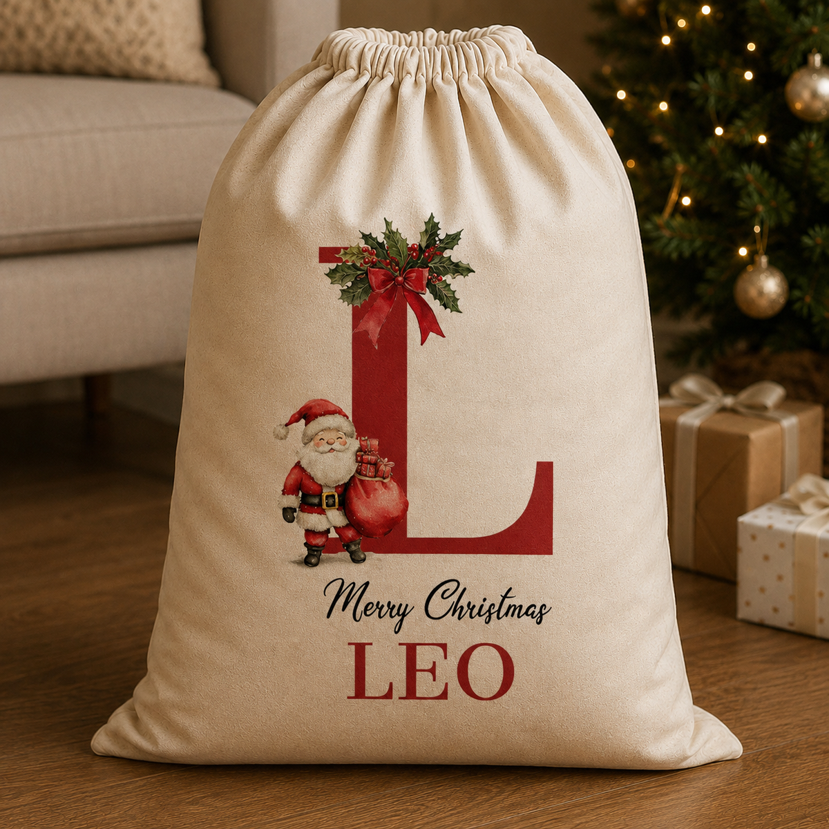 Personalised Merry Christmas Initial and Name - Christmas Santa Sack
