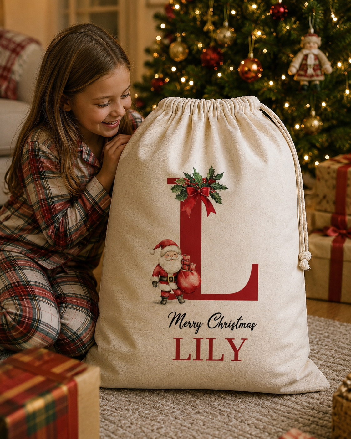 Personalised Merry Christmas Initial and Name - Christmas Santa Sack