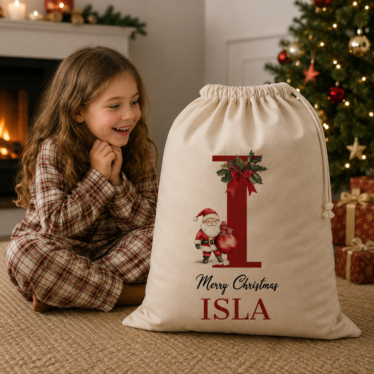 Personalised Merry Christmas Initial and Name - Christmas Santa Sack