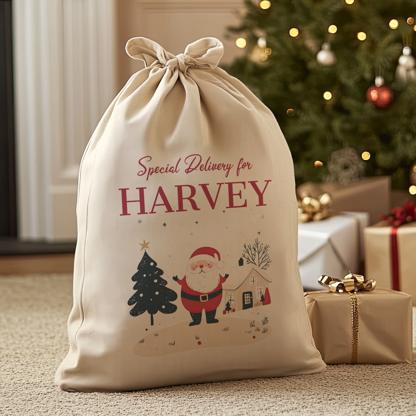 Personalised Special Delivery For... & Santa Scene - Christmas Santa Sack