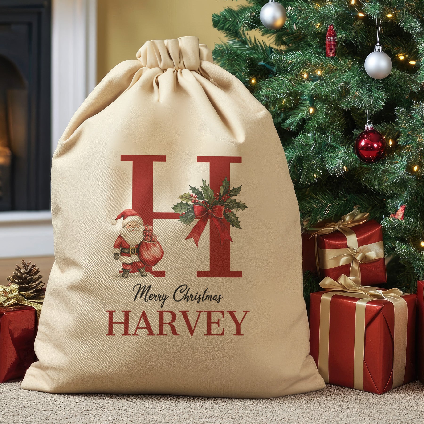 Personalised Merry Christmas Initial and Name - Christmas Santa Sack