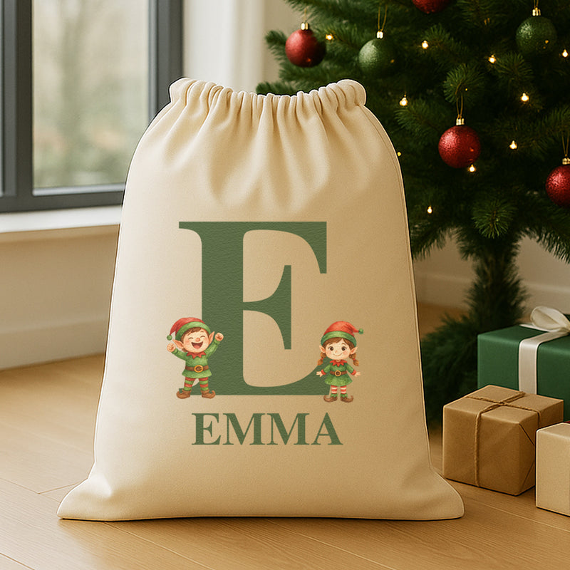 Personalised Christmas Elves Initial and Name - Christmas Santa Sack