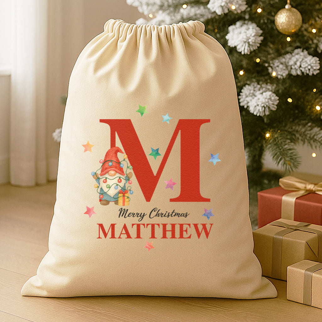Personalised Christmas Gnome & Lights Initial and Name - Christmas Santa Sack