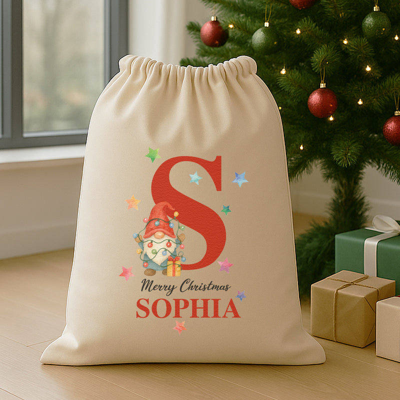 Personalised Christmas Gnome & Lights Initial and Name - Christmas Santa Sack