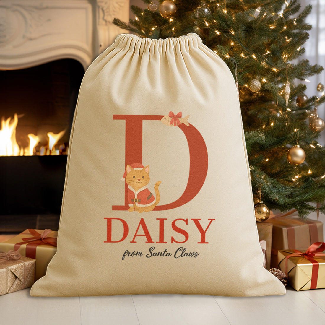 Personalised Christmas Santa Claws Initial and Name - Christmas Cat Santa Sack