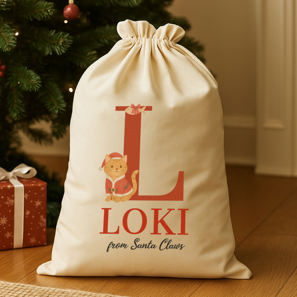 Personalised Christmas Santa Claws Initial and Name - Christmas Cat Santa Sack