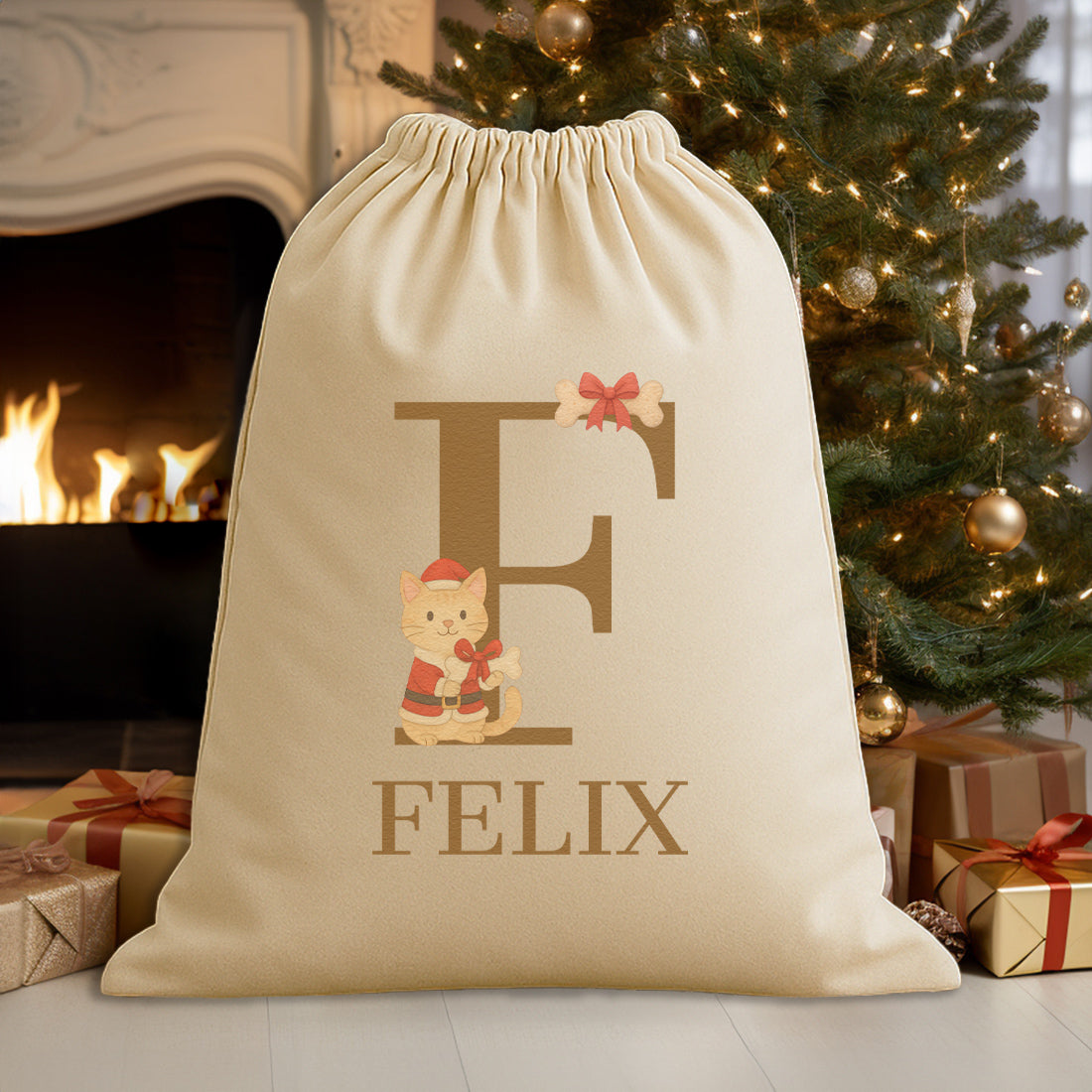Personalised Christmas Santa Paws Initial and Name - Christmas Cat Santa Sack