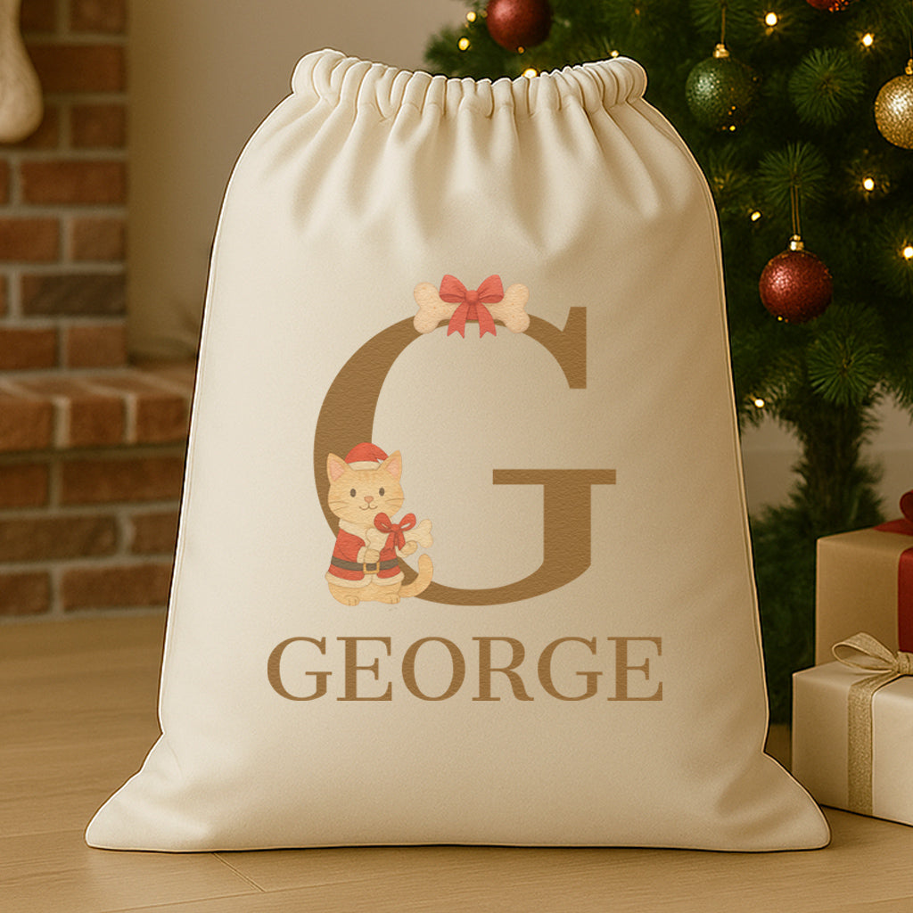 Personalised Christmas Santa Paws Initial and Name - Christmas Cat Santa Sack