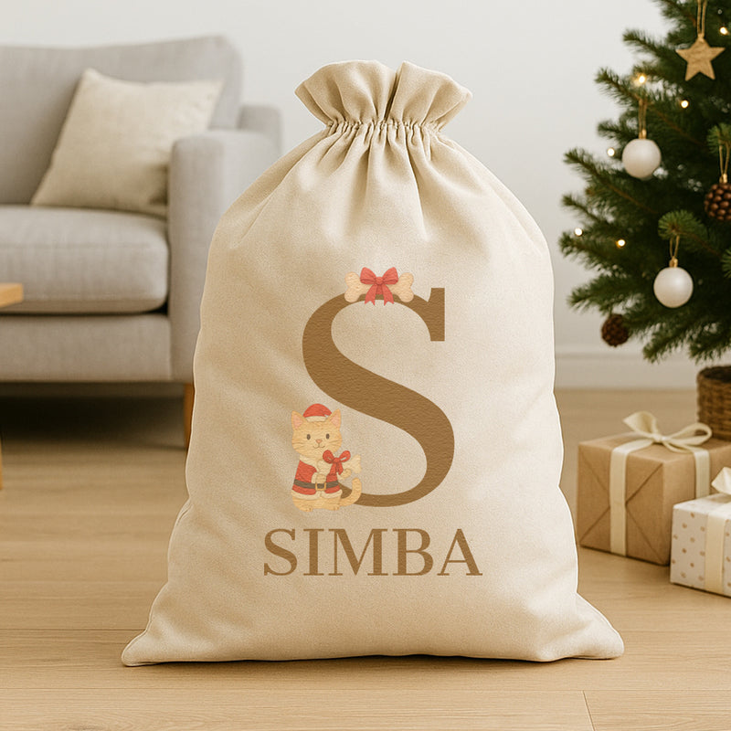 Personalised Christmas Santa Paws Initial and Name - Christmas Cat Santa Sack