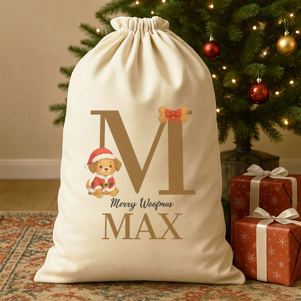 Personalised Christmas Santa Paws Sitting Initial and Name - Christmas Dog Santa Sack