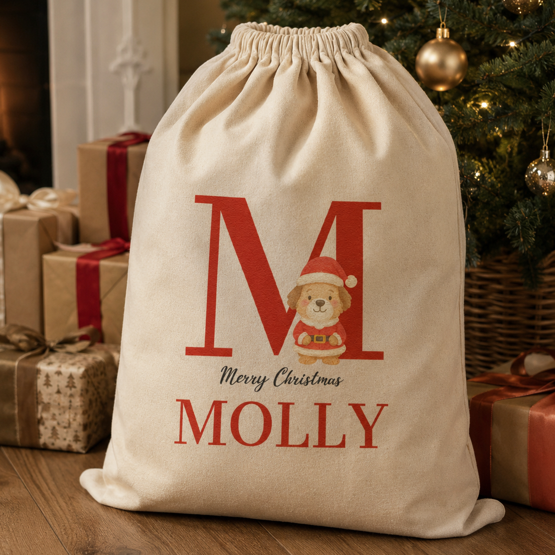 Personalised Christmas Santa Paws Standing Initial and Name - Christmas Dog Santa Sack