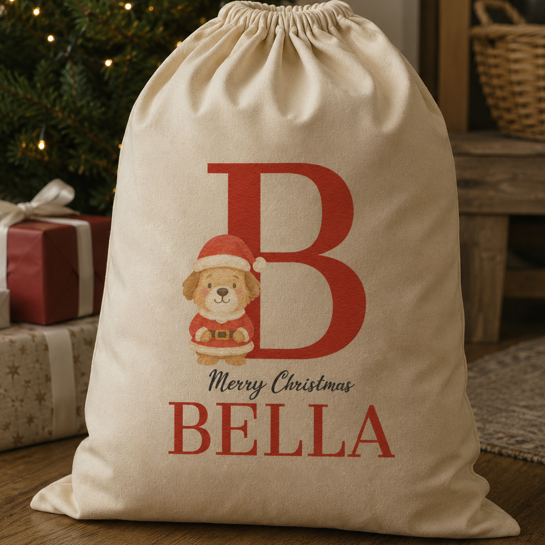 Personalised Christmas Santa Paws Standing Initial and Name - Christmas Dog Santa Sack
