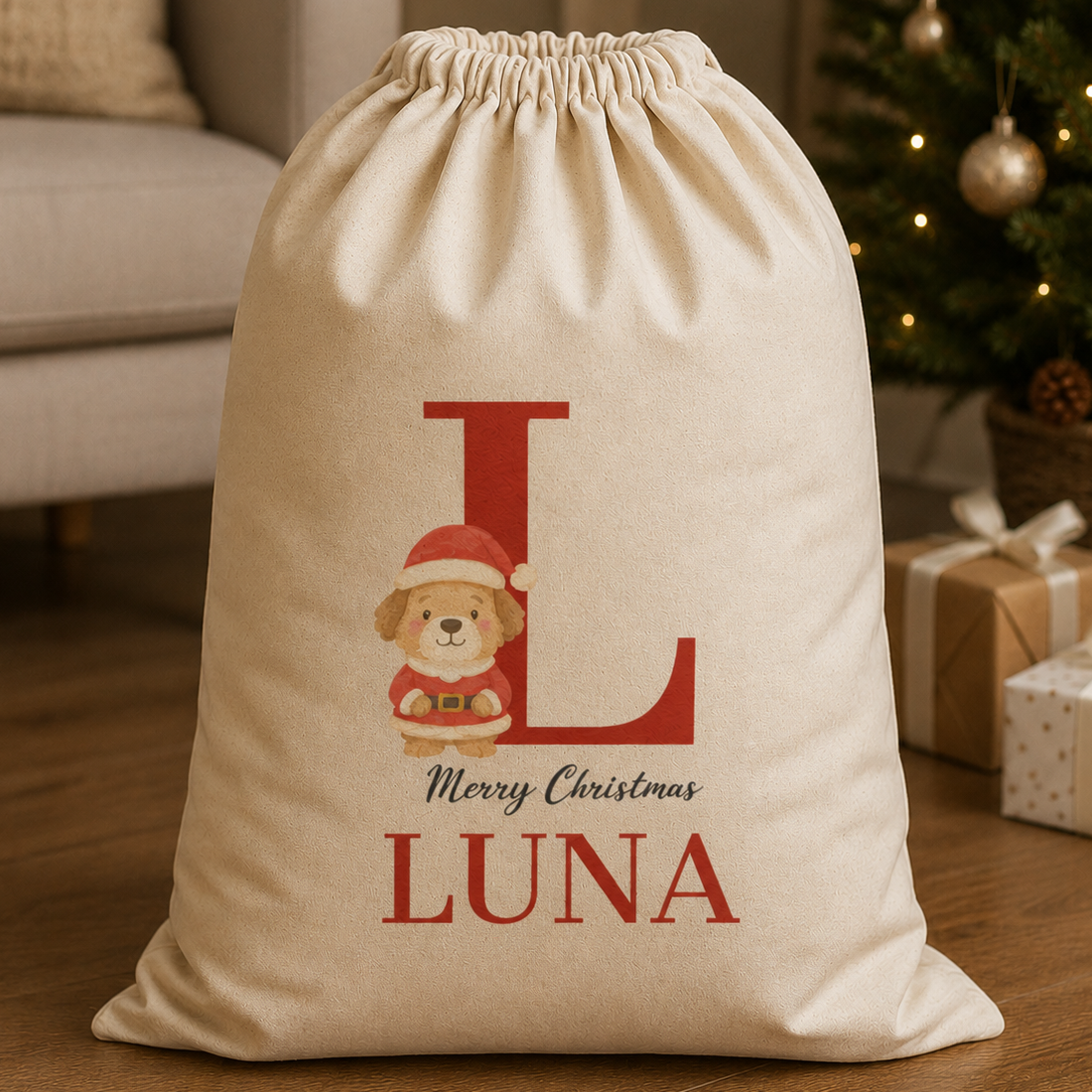 Personalised Christmas Santa Paws Standing Initial and Name - Christmas Dog Santa Sack