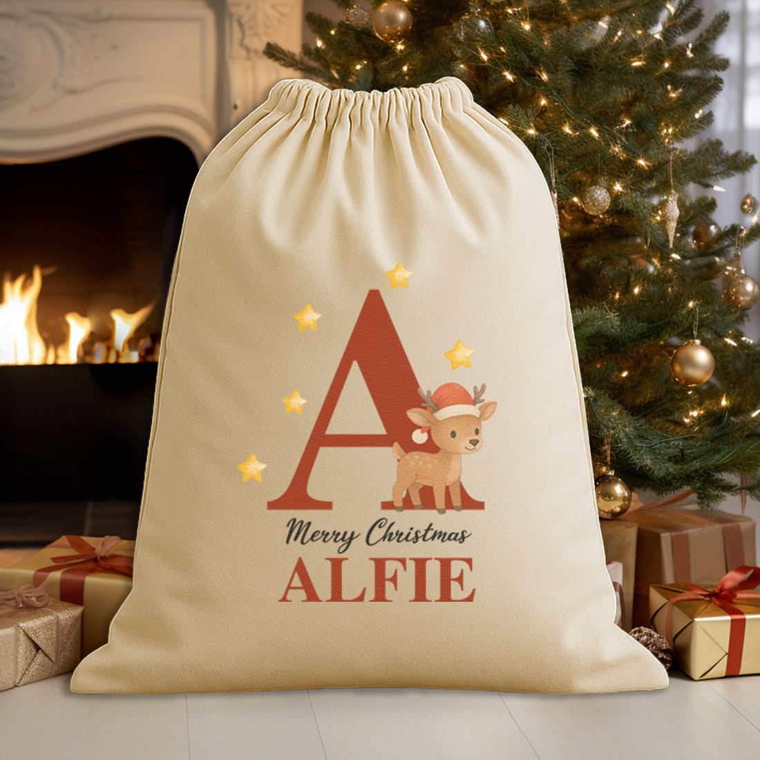 Personalised Christmas Baby Reindeer Initial and Name - Christmas Santa Sack