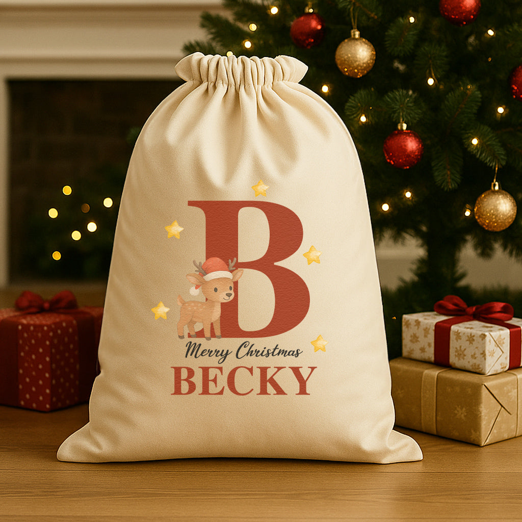 Personalised Christmas Baby Reindeer Initial and Name - Christmas Santa Sack