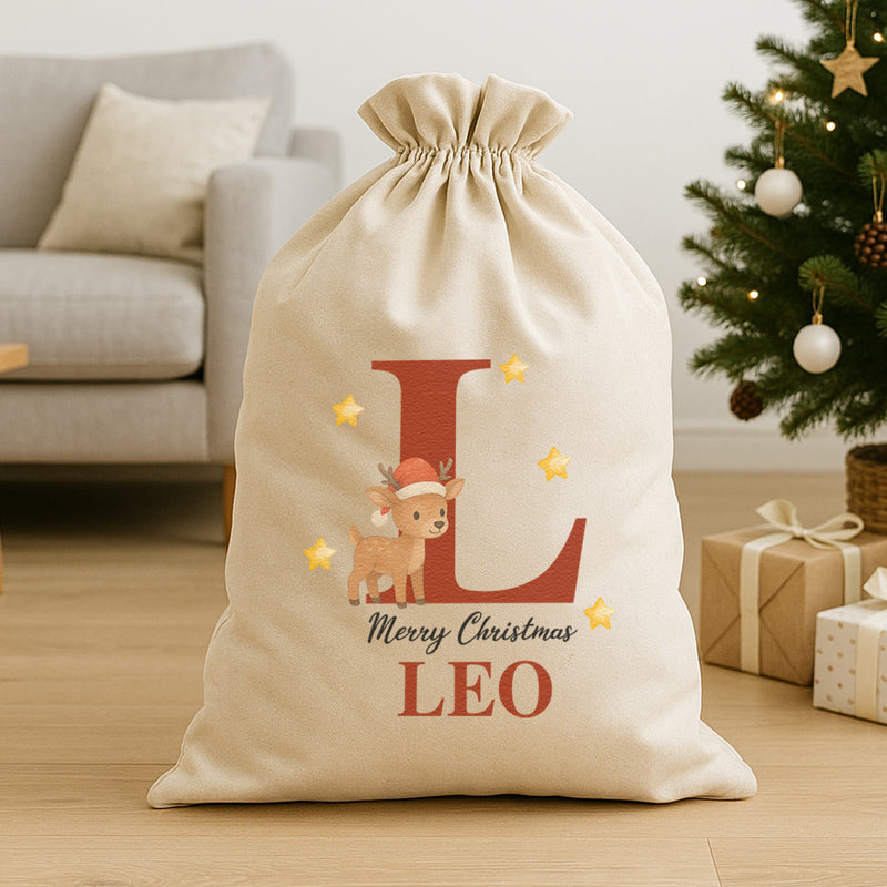 Personalised Christmas Baby Reindeer Initial and Name - Christmas Santa Sack