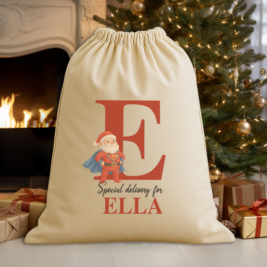 Personalised Christmas Super Santa Initial and Name - Christmas Santa Sack