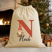 Personalised Christmas Gnome Initial and Name - Christmas Santa Sack