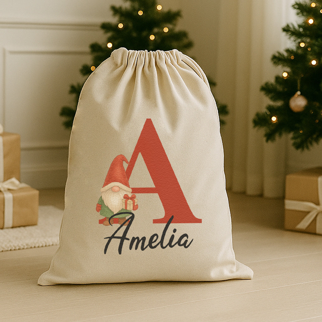 Personalised Christmas Gnome Initial and Name - Christmas Santa Sack