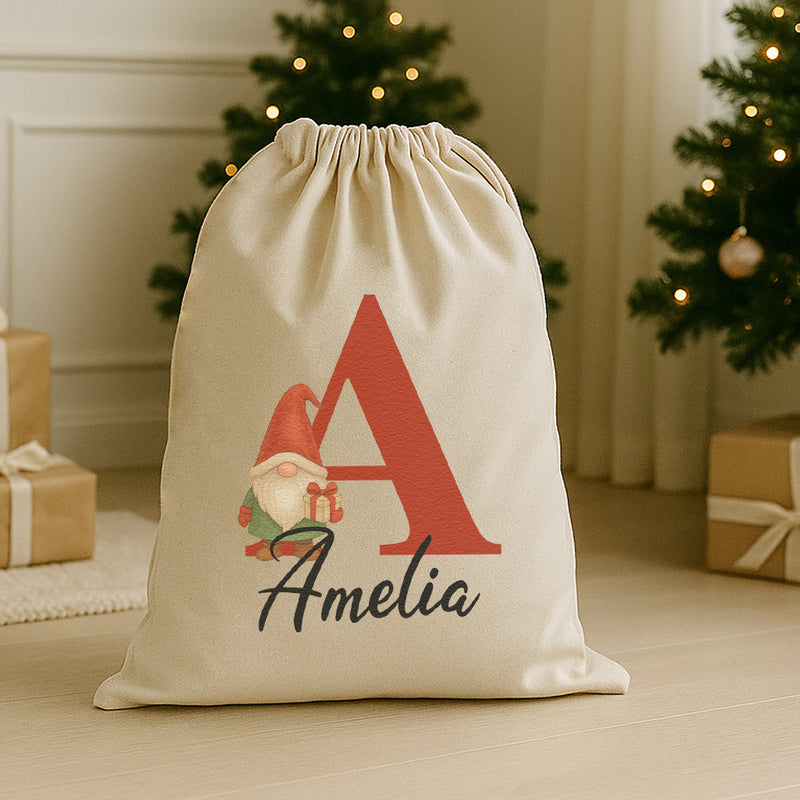 Personalised Christmas Gnome Initial and Name - Christmas Santa Sack