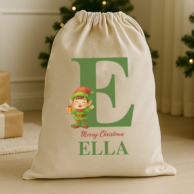 Personalised Christmas Elf Initial and Name - Christmas Santa Sack