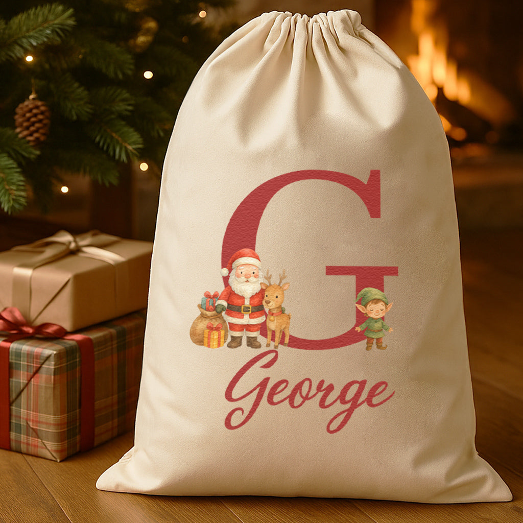 Personalised Christmas Santa, Reindeer & Elf Initial and Name - Christmas Santa Sack