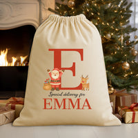 Personalised Christmas Excited Santa Initial and Name - Christmas Santa Sack