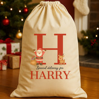 Personalised Christmas Excited Santa Initial and Name - Christmas Santa Sack