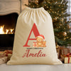 Personalised Christmas Teddy & Reindeer Initial and Name - Christmas Santa Sack