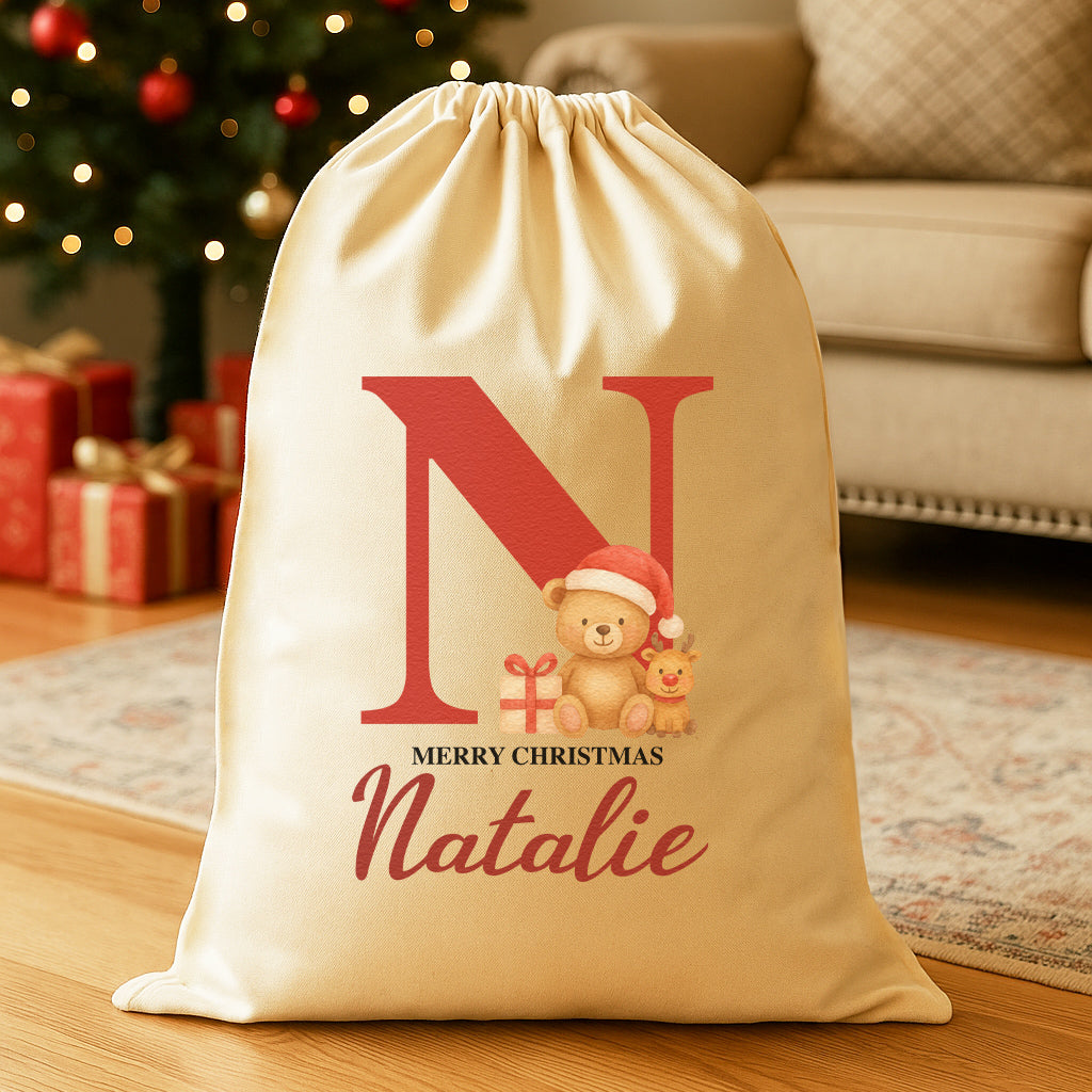 Personalised Christmas Teddy & Reindeer Initial and Name - Christmas Santa Sack