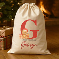Personalised Christmas Teddy & Reindeer Initial and Name - Christmas Santa Sack