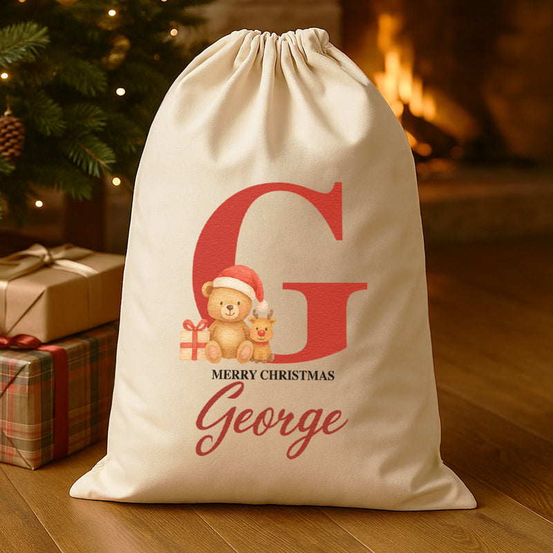 Personalised Christmas Teddy & Reindeer Initial and Name - Christmas Santa Sack