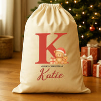 Personalised Christmas Teddy & Reindeer Initial and Name - Christmas Santa Sack