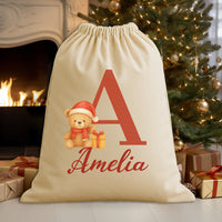 Personalised Christmas Teddy Initial and Name - Christmas Santa Sack