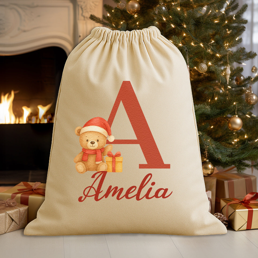 Personalised Christmas Teddy Initial and Name - Christmas Santa Sack